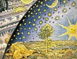 Illustration de la qute des astronomes. Au Moyen-Age, un savant plus curieux que de nature perce le firmament et dcouvre les rouages de l'univers. Gravure sur bois du XVIe sicle colorise.